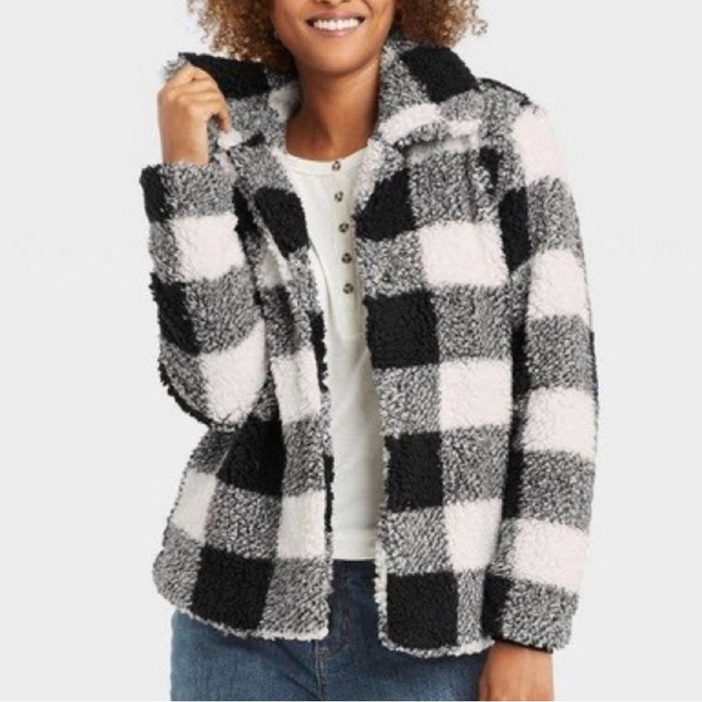 Knox Rose Black and White Plaid Sherpa Hoodie